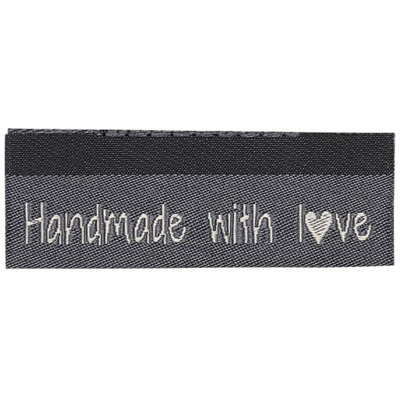 Go Handmade Vævet Label, Dobbeltsidet, Handmade with love, 50 x 11,5 mm, 10 stk Grå