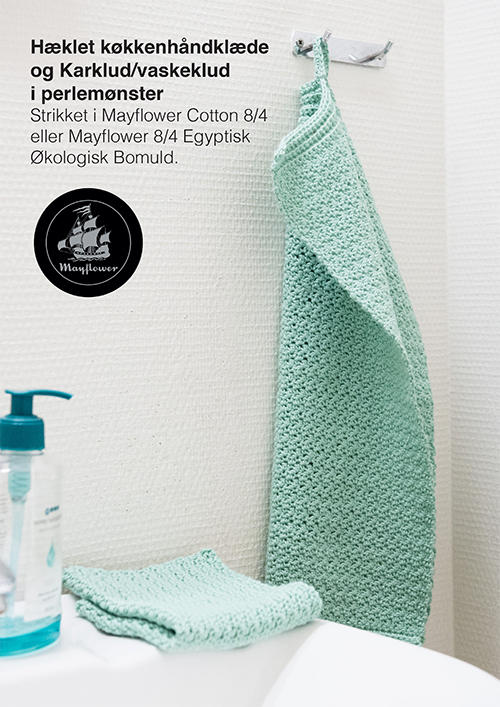 Virkattu keittiöpyyhe ja tiskirätti/pesuliina helmikuviolla