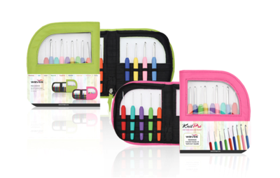 KnitPro WAVES Virkkuukoukkusetti (vaaleanpunainen / lime laukku keinonahkaa)